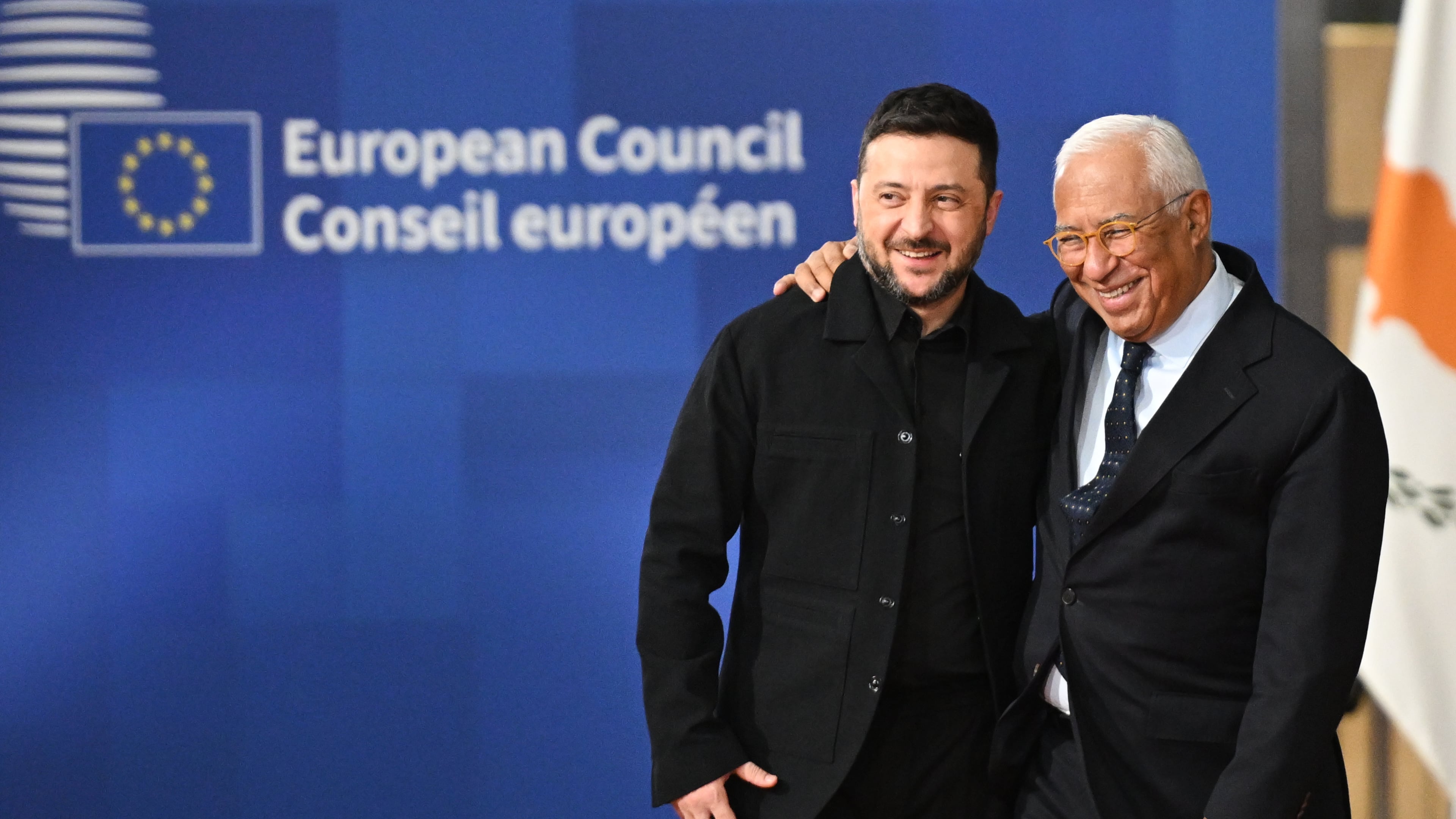 Ukraine's President Volodymyr Zelenskyy, left, and European Council President Antonio Costa arrive for an EU Summit at the European Council building in Brussels, Thursday, Oct. 23, 2025. (AP Photo/Harry Nakos)