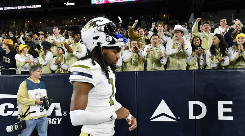 Georgia Tech defensive back LaMiles Brooks (1) reacts as he leaves after Georgia beat Georgia Tech during an NCAA college football game at Georgia Tech's Bobby Dodd Stadium, Saturday, November 25, 2023, in Atlanta. Georgia won 31-23 over Georgia Tech. (Hyosub Shin / Hyosub.Shin@ajc.com)