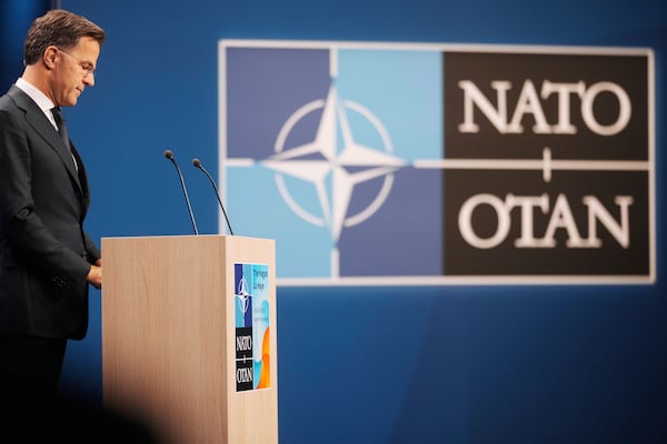 NATO Secretary General Mark Rutte speaks during a media conference ahead of the NATO summit in The Hague, Netherlands, Monday, June 23, 2025. (AP Photo/Markus Schreiber)
