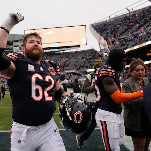 FILE - Chicago Bears guard Joe Thuney reacts as he leaves the field after NFL football game against the New York Giants, Nov. 9, 2025, in Chicago. (AP Photo/Nam Y. Huh, File)