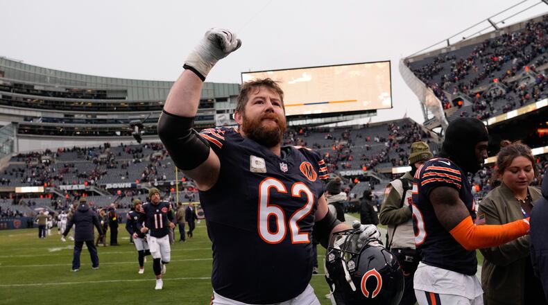 FILE - Chicago Bears guard Joe Thuney reacts as he leaves the field after NFL football game against the New York Giants, Nov. 9, 2025, in Chicago. (AP Photo/Nam Y. Huh, File)