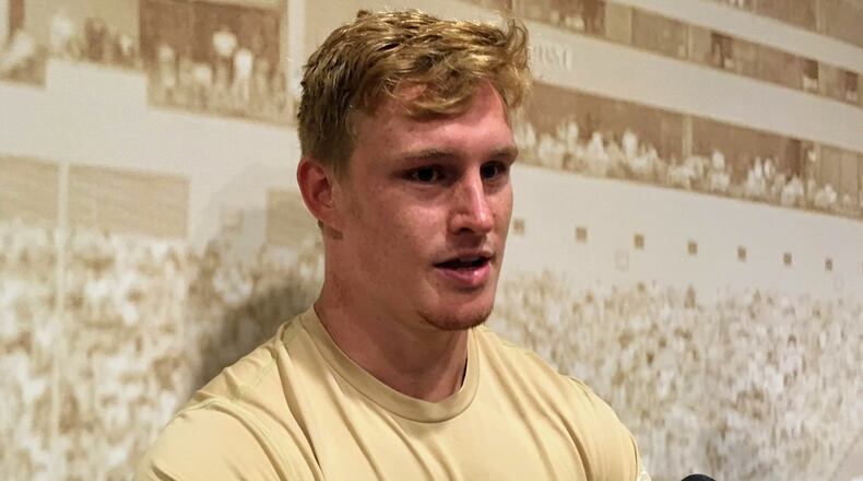 Georgia Tech linebacker David Curry speaks with media after practice August 12, 2019. (AJC photo by Ken Sugiura)