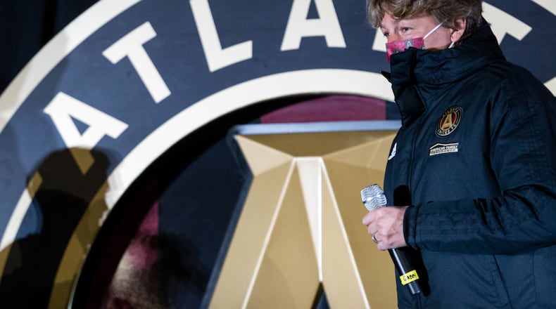 Atlanta United celebrates the beginning of their 5th season with unveiling the 2021 team uniforms and the introduction of new coach Gabriel Heinze on Friday, Feb 26, 2021 during a drive-in at the Home Depot Backyard. (Jenni Girtman for The Atlanta Journal-Constitution)