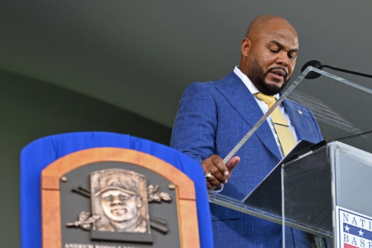 Andruw Jones speaks after being inducted into the National Baseball Hall of Fame during the 2026 National Baseball Hall of Fame Induction Ceremony at the Clark Sports Center on Sunday, July 26, 2026, in Cooperstown, N.Y. Braves centerfielder Andruw Jones is set for induction into the National Baseball Hall of Fame as part of the Class of 2026, alongside Carlos Beltrán and Jeff Kent. (Hyosub Shin/AJC)
