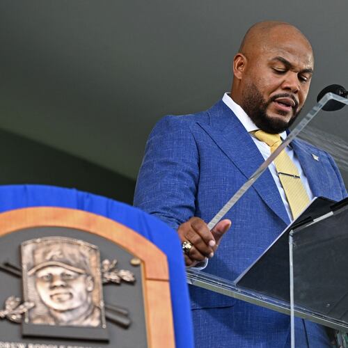 Andruw Jones speaks after being inducted into the National Baseball Hall of Fame during the 2026 National Baseball Hall of Fame Induction Ceremony at the Clark Sports Center on Sunday, July 26, 2026, in Cooperstown, N.Y. Braves centerfielder Andruw Jones is set for induction into the National Baseball Hall of Fame as part of the Class of 2026, alongside Carlos Beltrán and Jeff Kent. (Hyosub Shin/AJC)
