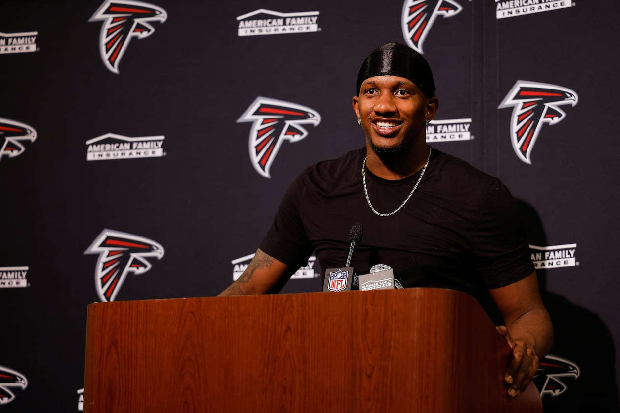 Atlanta Falcons quarterback Michael Penix Jr. speaks to reporters after an NFL football game against the San Francisco 49ers, Sunday, Oct. 19, 2025, in Santa Clara, Calif. (Kelley L Cox/AP)