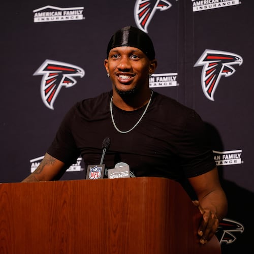 Atlanta Falcons quarterback Michael Penix Jr. speaks to reporters after an NFL football game against the San Francisco 49ers, Sunday, Oct. 19, 2025, in Santa Clara, Calif. (AP Photo/Kelley L Cox)