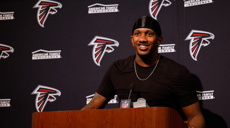 Atlanta Falcons quarterback Michael Penix Jr. speaks to reporters after an NFL football game against the San Francisco 49ers, Sunday, Oct. 19, 2025, in Santa Clara, Calif. (Kelley L Cox/AP)