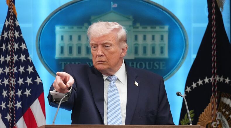 President Donald Trump speaks with reporters during a news conference in the James Brady Press Briefing Room at the White House, Monday, April 6, 2026, in Washington. (AP Photo/Mark Schiefelbein)