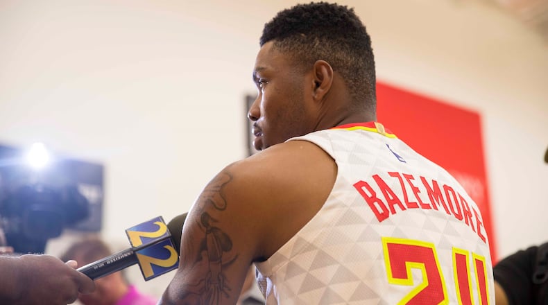 Atlanta Hawks guard Kent Bazemore answers questions from members of the press during the Atlanta Hawks Media day at the Emory Sports Medicine Complex, Monday, September 24, 2018. (ALYSSA POINTER/ALYSSA.POINTER@AJC.COM)