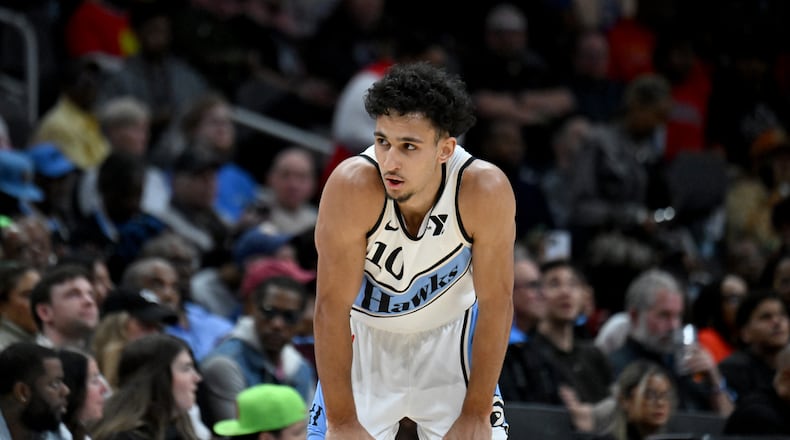 Atlanta Hawks forward Zaccharie Risacher (10) reacts during the first half in an NBA basketball game at State Farm Arena, Friday, February 28, 2025, in Atlanta. (Hyosub Shin / AJC)