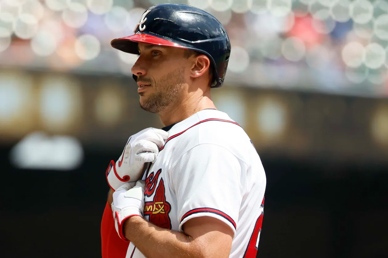The Braves' Matt Olson reacts after hitting an RBI single during the fourth inning against the Athletics at Truist Park on Wednesday, April 1, 2026, in Atlanta. (Miguel Martinez/AJC)