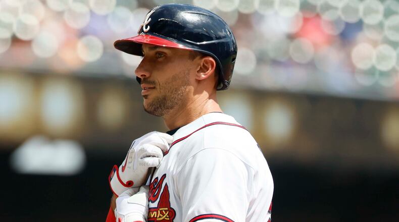 The Braves' Matt Olson reacts after hitting an RBI single during the fourth inning against the Athletics at Truist Park on Wednesday, April 1, 2026, in Atlanta. (Miguel Martinez/AJC)