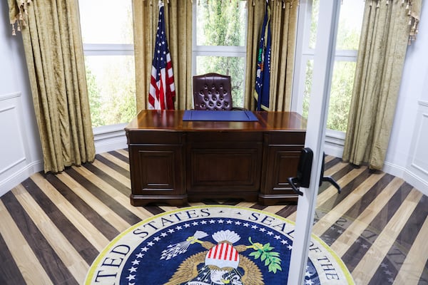 The door is open to the Oval Office studio at You42 Studios in Roswell, Ga., on Wednesday, June 10, 2026. (Abbey Cutrer/AJC)
