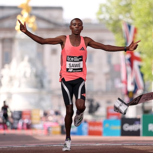 Sebastian Sawe from Kenya crosses the finish line to win the men's race at the London Marathon in London, Sunday, April 26, 2026.(AP Photo/Ian Walton)