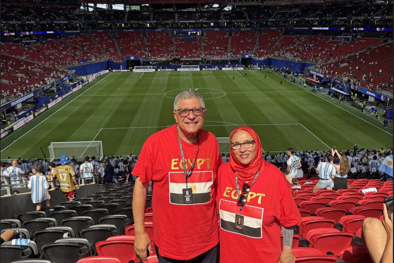 Soumaya Khalifa (right) and her husband Mohamed attend the World Cup match between Egypt and Argentina at Atlanta Stadium on July 7, 2026. (Courtesy of Soumaya Khalifa)