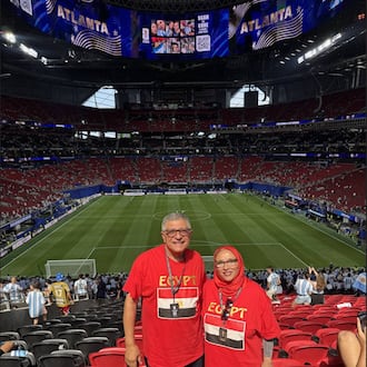 Soumaya Khalifa (right) and her husband Mohamed attend the World Cup match between Egypt and Argentina at Atlanta Stadium on July 7, 2026. (Courtesy of Soumaya Khalifa)