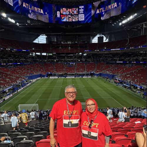 Soumaya Khalifa (right) and her husband Mohamed attend the World Cup match between Egypt and Argentina at Atlanta Stadium on July 7, 2026. (Courtesy of Soumaya Khalifa)
