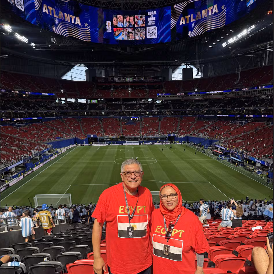 Soumaya Khalifa (right) and her husband Mohamed attend the World Cup match between Egypt and Argentina at Atlanta Stadium on July 7, 2026. (Courtesy of Soumaya Khalifa)