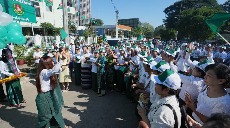 FILE - Members of the military-backed Union Solidarity and Development Party (USDP) gather for opening ceremony of the party's slogan poster during the first day of election campaign for upcoming general election at their Yangon region party's headquarters Tuesday, Oct. 28, 2025, in Yangon, Myanmar. (AP Photo/Thein Zaw, File)