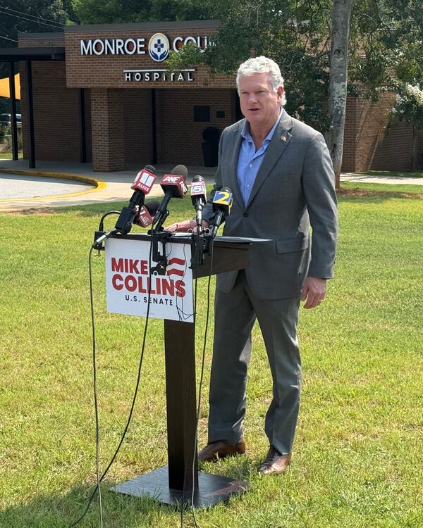 Mike Collins speaks to reporters outside Monroe County Hospital on Thursday, July 30, 2026. (Greg Bluestein/AJC)