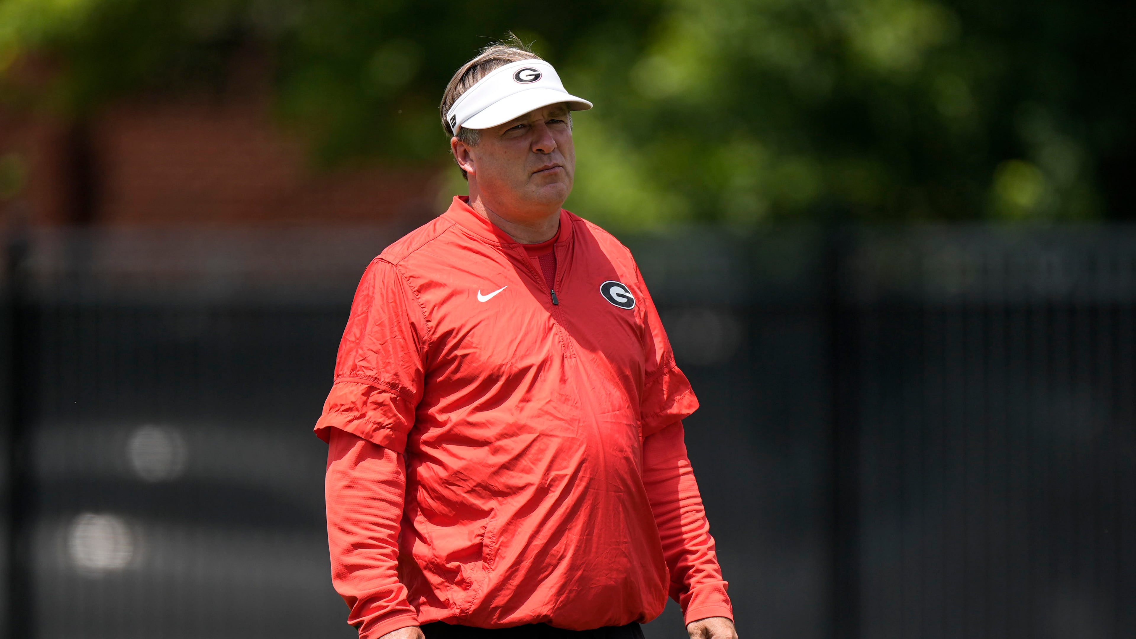 Georgia head coach Kirby Smart watches his team work out during a Georgia football practice, Thursday, July 31, 2025, in Athens. (Mike Stewart/AP)