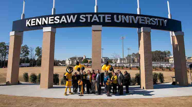 New signage for Kennesaw State University at the corner of Chastain and Frey roads was dedicated Jan. 7, 2019. CONTRIBUTED BY KENNESAW STATE UNIVERSITY