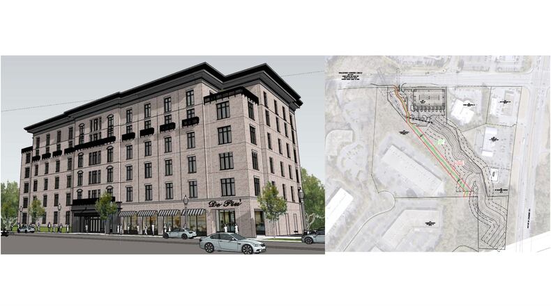 The plan for a new mixed-use development on Peachtree Corners Circle in Peachtree Corners calls for up to 56 for sale condominiums, restaurant and public trail. (Courtesy City of Peachtree Corners)