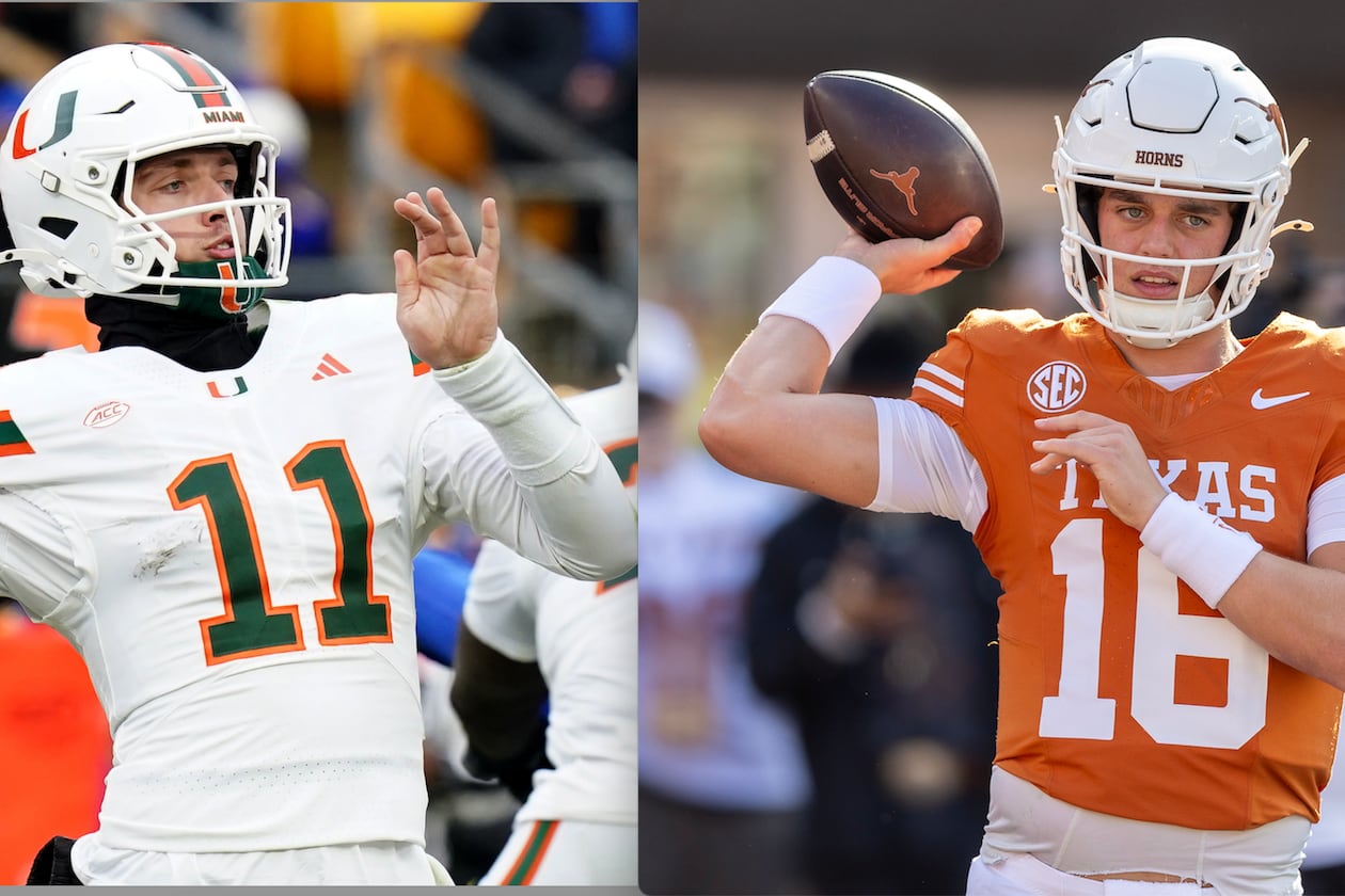 Miami quarterback Carson Beck (left) and Texas' Arch Manning are hoping they did enough to get their teams into the College Football Playoff. The Hurricanes were No. 12 and Longhorns No. 16 before scoring big wins Saturday. (Associated Press photos)