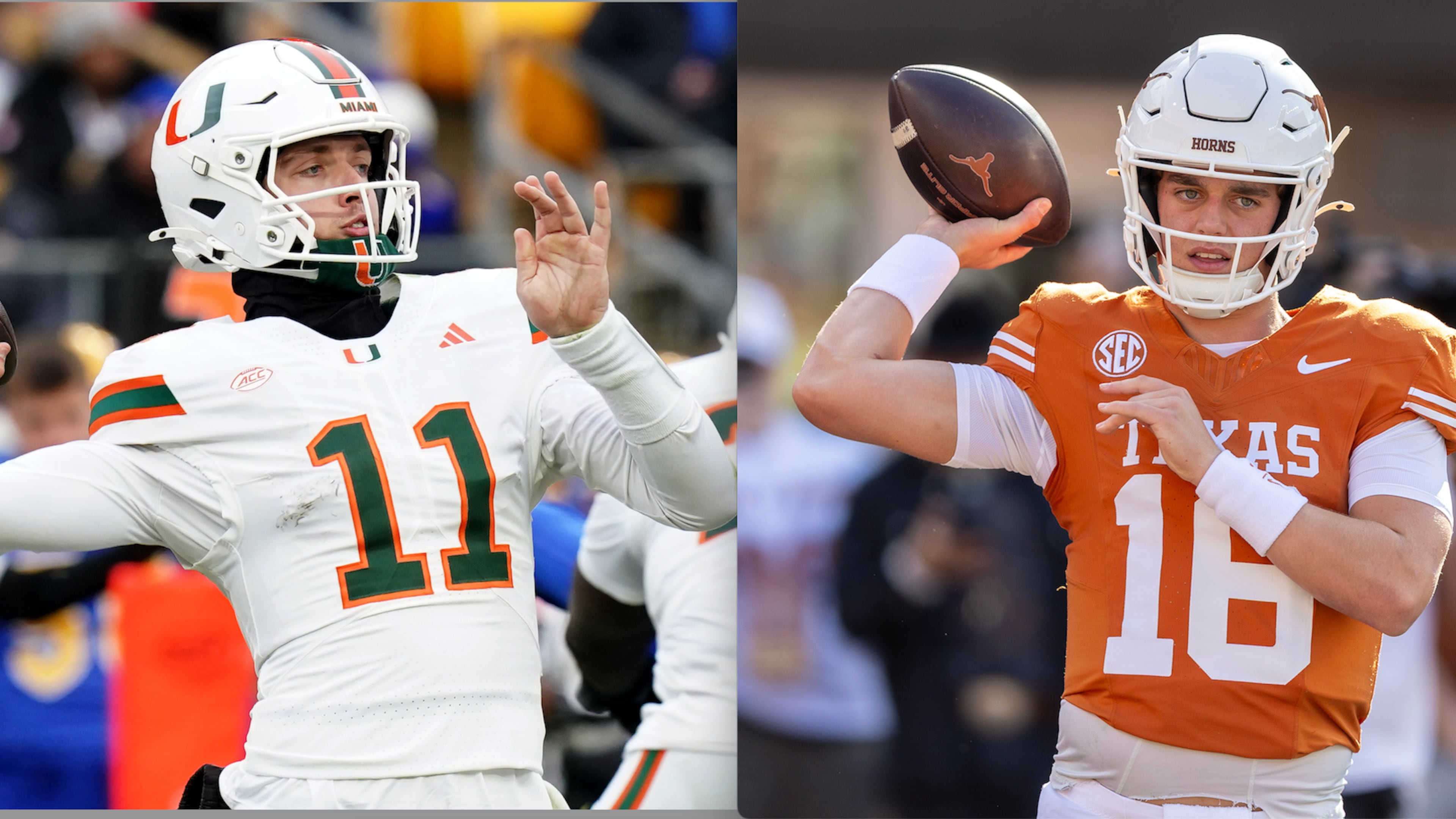 Miami quarterback Carson Beck (left) and Texas' Arch Manning are hoping they did enough to get their teams into the College Football Playoff. The Hurricanes were No. 12 and Longhorns No. 16 before scoring big wins Saturday. (Associated Press photos)