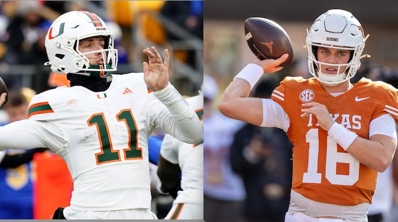 Miami quarterback Carson Beck (left) and Texas' Arch Manning are hoping they did enough to get their teams into the College Football Playoff. The Hurricanes were No. 12 and Longhorns No. 16 before scoring big wins Saturday. (Associated Press photos)