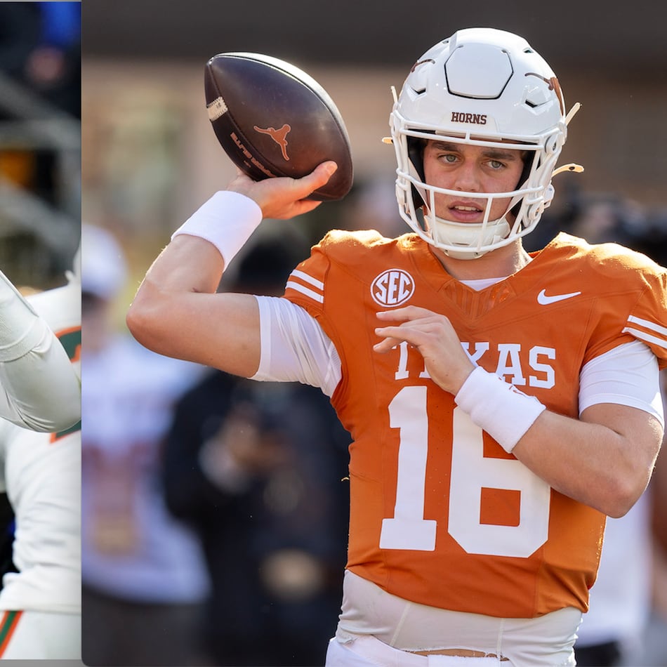 Miami quarterback Carson Beck (left) and Texas' Arch Manning are hoping they did enough to get their teams into the College Football Playoff. The Hurricanes were No. 12 and Longhorns No. 16 before scoring big wins Saturday. (Associated Press photos)