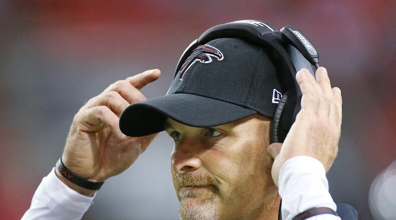 Falcons coach Dan Quinn works the sidelines during the first quarter against the Ravens in their preseason game on Thursday, Sept. 3, 2015, in Atlanta. Curtis Compton / ccompton@ajc.com