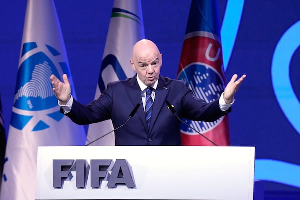 FIFA President Gianni Infantino addresses the FIFA 75th Congress at the Conmebol Convention Center in Luque, Paraguay, Thursday, May 15, 2025. (AP Photo/Fernando Calistro)