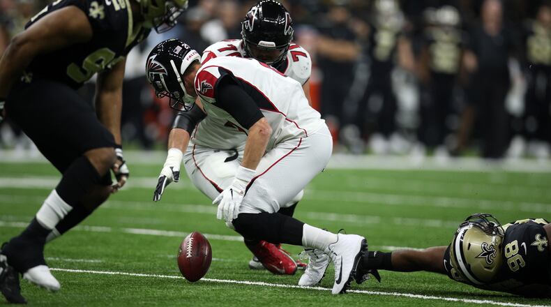 Falcons quarterback Matt Ryan fumbles at New Orleans last year during a 31-17 loss to the Saints.  (Photo by Chris Graythen/Getty Images)