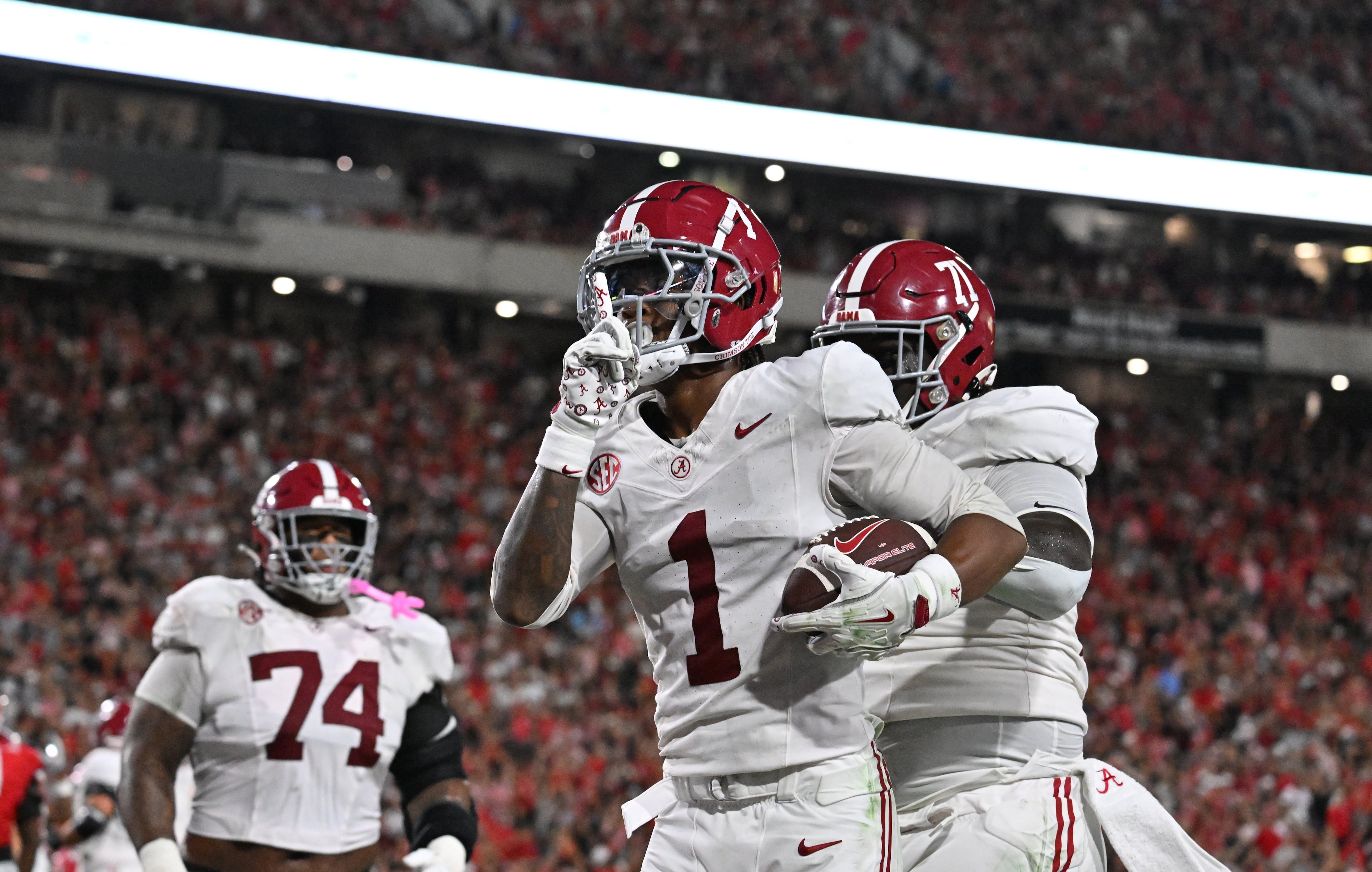 Alabama wide receiver Isaiah Horton (1) celebrates after scoring a touchdown during the first half in an NCAA football game at Sanford Stadium, Saturday, September 27, 2025, in Athens. (Hyosub Shin / AJC)