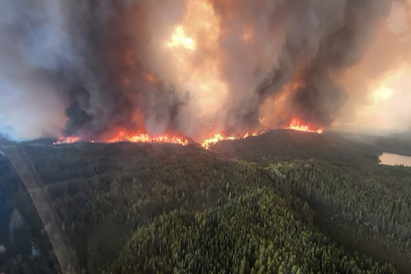 This photo provided by the Manitoba government shows wildfires in Sherridon, Manitoba, Canada, on Tuesday, May 27, 2025. (Manitoba government via AP)