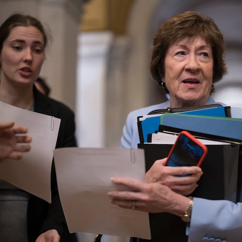 Sen. Susan Collins, R-Maine, a member of the Senate Intelligence Committee, arrives at the Capitol after President Donald Trump said he was delaying Jay Clayton's nomination to lead the U.S. intelligence community, in Washington, Wednesday, June 17, 2026. (AP Photo/J. Scott Applewhite)