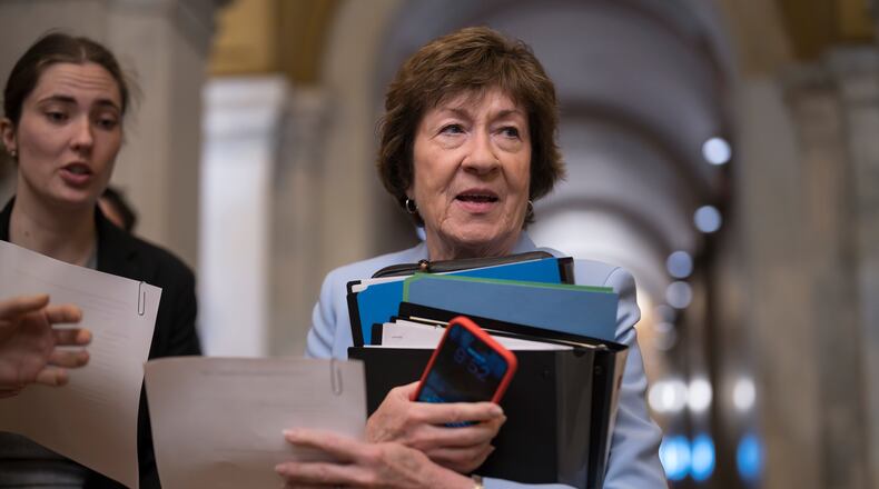 Sen. Susan Collins, R-Maine, a member of the Senate Intelligence Committee, arrives at the Capitol after President Donald Trump said he was delaying Jay Clayton's nomination to lead the U.S. intelligence community, in Washington, Wednesday, June 17, 2026. (AP Photo/J. Scott Applewhite)