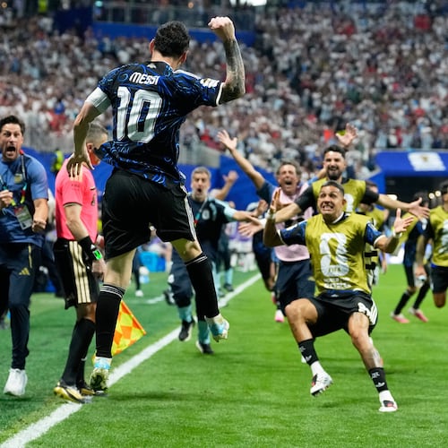 Argentina's Lionel Messi celebrates after teammate Lautaro Martinez scored their side's second goal during the World Cup semifinal soccer match between England and Argentina in Atlanta, Wednesday, July 15, 2026. (AP Photo/Rebecca Blackwell)