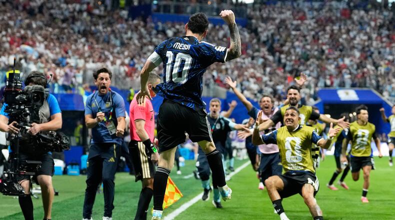 Argentina's Lionel Messi celebrates after teammate Lautaro Martinez scored their side's second goal during the World Cup semifinal soccer match between England and Argentina in Atlanta, Wednesday, July 15, 2026. (AP Photo/Rebecca Blackwell)