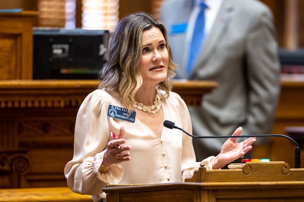 Georgia State Sen. Elena Parent, D-Atlanta, speaks about HB 147, a school safety bill, at the Senate in Atlanta on Monday, March 13, 2023. (Arvin Temkar / arvin.temkar@ajc.com)