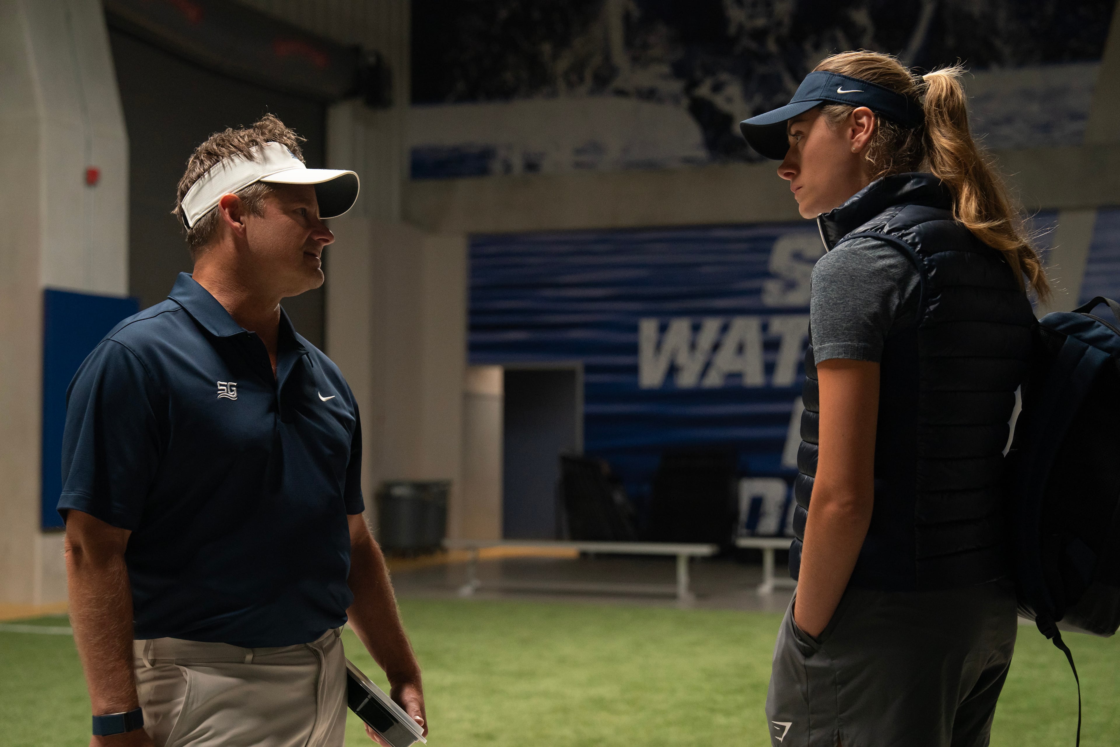 In Hulu's "Chad Powers," Steve Zahn plays the coach of the fictional South Georgia Catfish with help from his daughter Randy played by Perry Mattfeld. (Zac Popik/Courtesy of Disney)