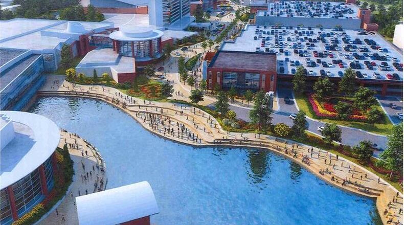 An artist’s rendering of what the Infinite Energy Center in Duluth might look like: a mix of entertainment venues, retail shops, offices and restaurants.