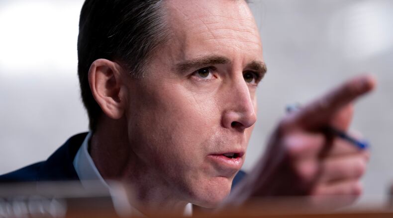FILE - Sen. Josh Hawley, R-Mo., speaks during a Senate Committee on the Judiciary Subcommittee on Privacy, Technology, and the Law hearing on Capitol Hill in Washington, Feb. 10, 2026. (AP Photo/Nathan Howard, File)