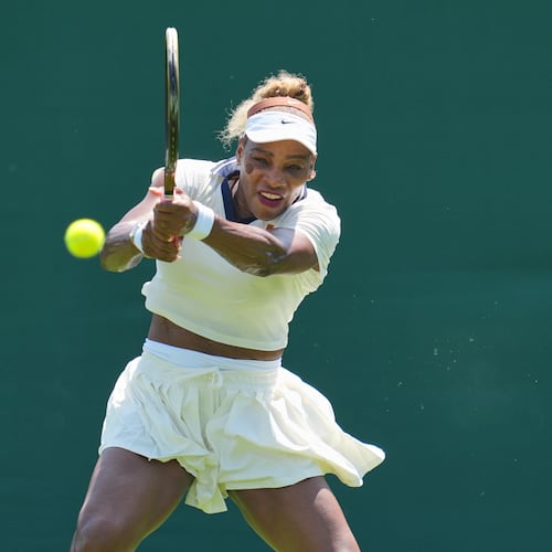 Serena Williams of the United States plays a return during a practice session ahead of the Wimbledon Tennis Championships, in London, Wednesday, June 24, 2026. (AP Photo/Kin Cheung)