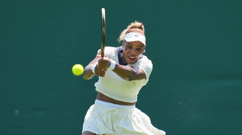 Serena Williams of the United States plays a return during a practice session ahead of the Wimbledon Tennis Championships, in London, Wednesday, June 24, 2026. (AP Photo/Kin Cheung)