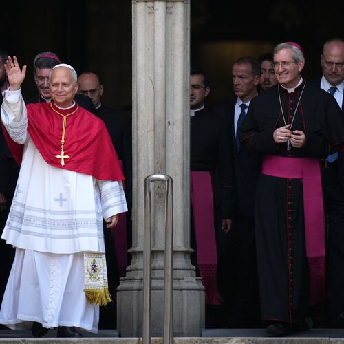 Pope Leo XIV waves to the cheering crowd after attending a midday prayer at the Cathedral of the Holy Cross and Saint Eulalia in Barcelona, Spain, Tuesday, June 9, 2026. (AP Photo/Emilio Morenatti)