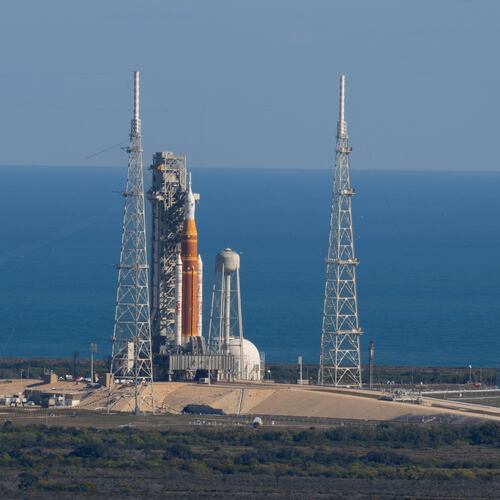 This photo provided by NASA shows the Artemis II SLS (Space Launch System) rocket with the Orion spacecraft atop a mobile launcher at Launch Complex 39B, Thursday, Jan. 29, 2026, at NASA's Kennedy Space Center in Florida. (Jim Ross/NASA via AP)