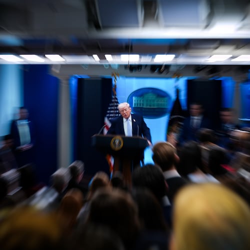 President Donald Trump, accompanied by Defense Secretary Pete Hegseth and Chairman of the Joint Chiefs of Staff Gen. Dan Caine, speaks with reporters in the James Brady Press Briefing Room at the White House, Monday, April 6, 2026, in Washington. (AP Photo/Julia Demaree Nikhinson)